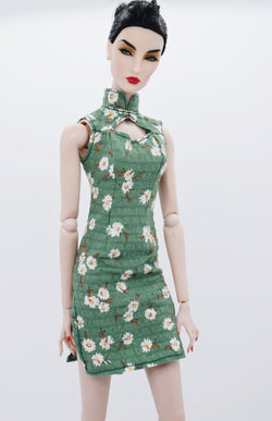 C035 Handmade Green Floral Cotton Doll Cheongsam Qipao Chinese Dress Clothes  For 12" Fashion Dolls Like Poppy Parker Fashion Royalty NF