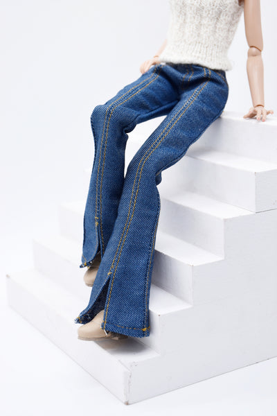 C061 Handmade Flare Jeans With Spilt Denim Doll Clothes Doll Pants Bottom For 12" Fashion Dolls Like FR NF Poppy Parker